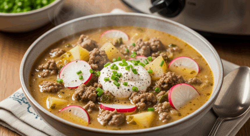 Keto Crockpot Creamy Potato & Hamburger Soup