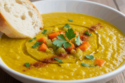 Yellow Lentil Soup In White Bowl