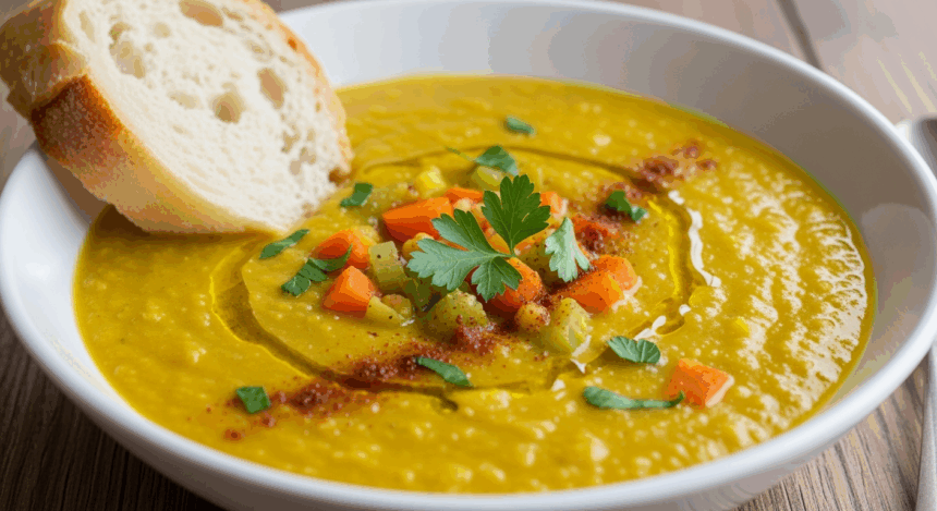 Yellow Lentil Soup In White Bowl