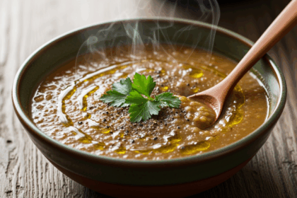 Bowl Of Lentil Soup With Wooden Spoon