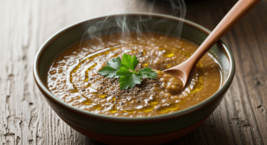 Bowl Of Lentil Soup With Wooden Spoon
