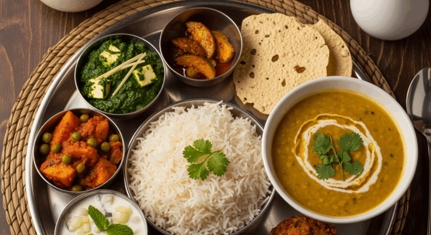 Indian Meal With Rice And Lentil Soup