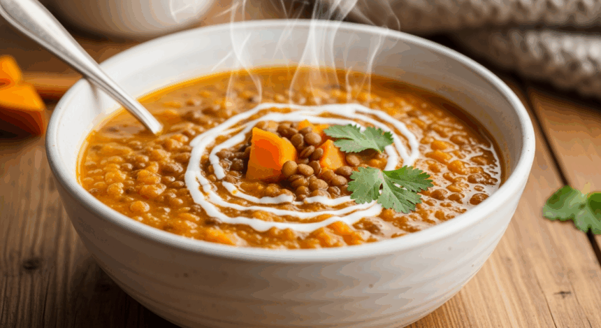 Sweet Potato Lentil Soup In Bowl