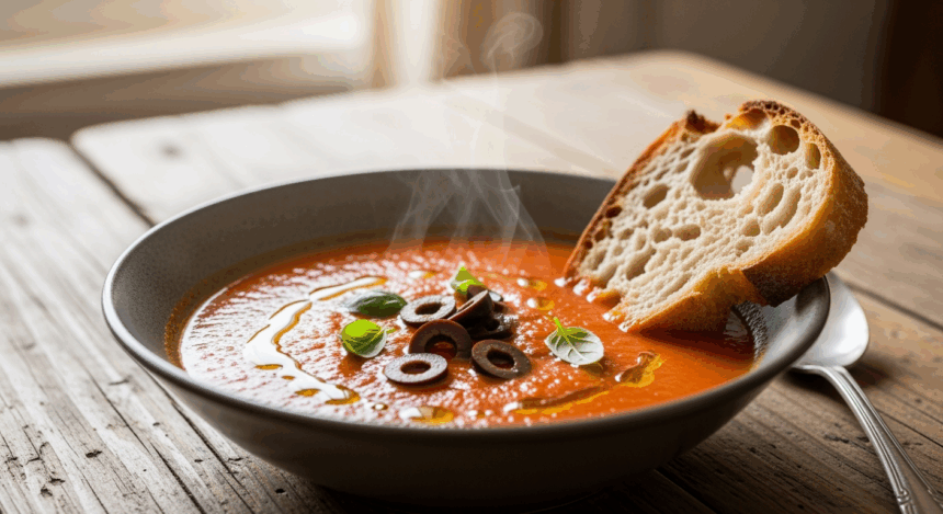 Bowl Of Tomato Soup With Olives