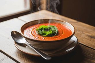 Bowl Of Tomato Soup With Mint Garnish