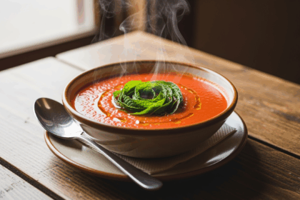Bowl Of Tomato Soup With Mint Garnish