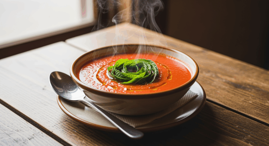 Bowl Of Tomato Soup With Mint Garnish