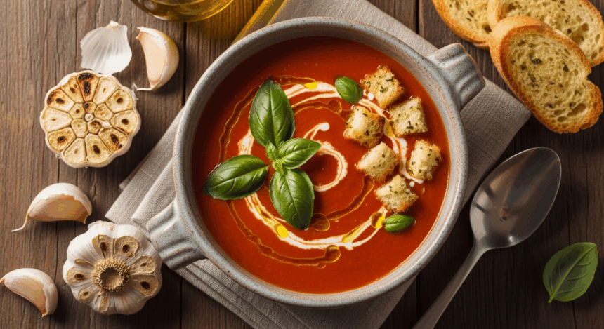 Bowl Of Tomato Soup With Garlic