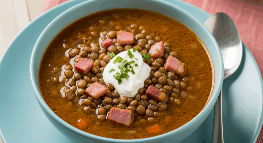 Bowl Of Lentil Soup With Ham