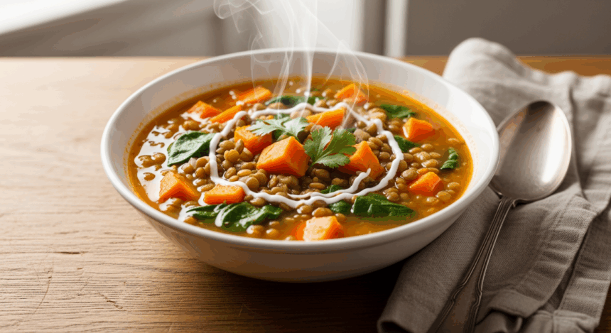 Sweet Potato Lentil Soup In Bowl
