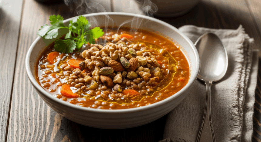 Bowl Of Lentil Soup With Nuts