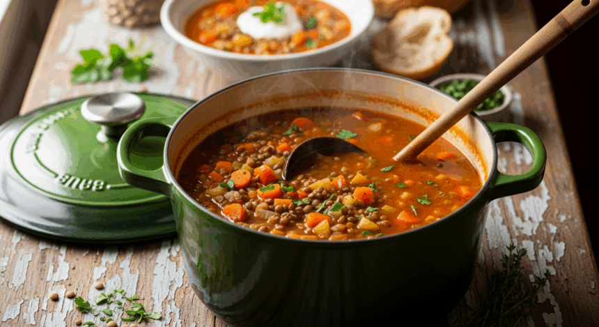 Homemade Lentil Soup In Pot