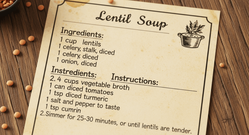 Handwritten Lentil Soup Recipe Card