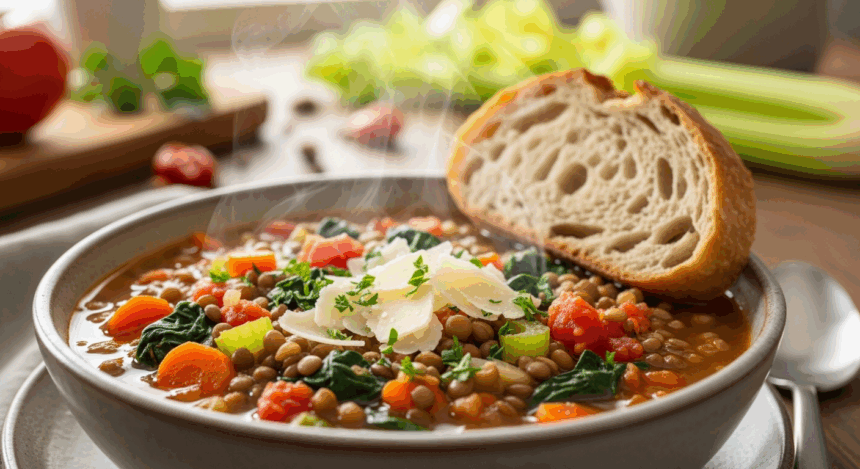 One Pot Lentil & Vegetable Soup With Parmesan