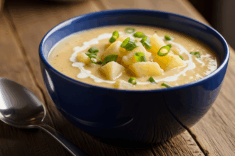 Creamy Potato Soup In Blue Bowl