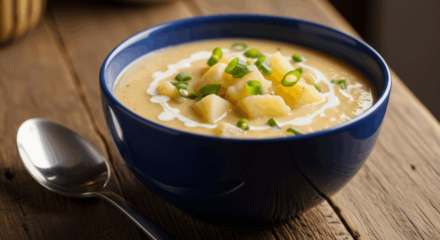 Creamy Potato Soup In Blue Bowl