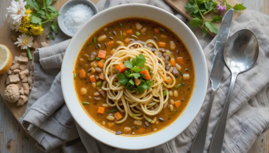 Bowl Of Lentil Soup With Noodles