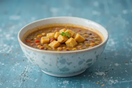 Bowl Of Lentil Soup With Croutons