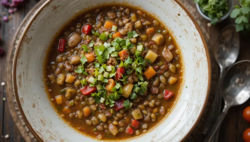 Bowl Of Lentil Soup With Garnishes